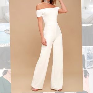 Lulus white jumpsuit off shoulder sz S